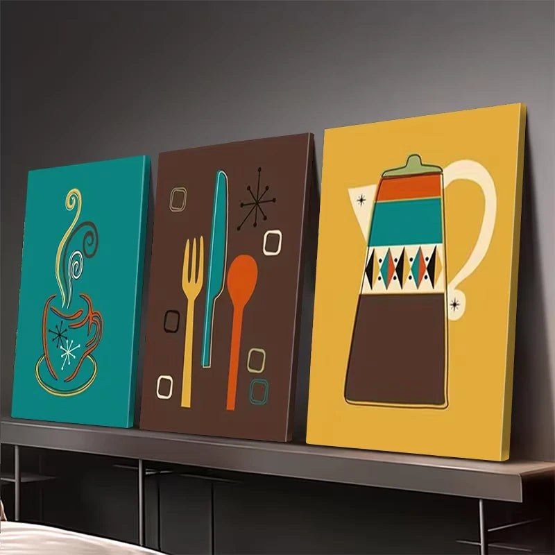 3pcs Medieval Retro Kitchen Wall Art Set Canvas Framed 50x70cm - High Quality Print 100% Australian Made Wall Canvas Ready to Hang