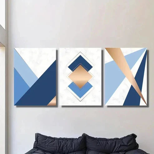 3pcs Blue Gold Geometric Abstract Design Wall Art Set Canvas Unframed - High Quality Print 100% Australian Made Wall Canvas - Bella Home Decor