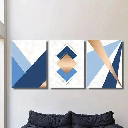 3pcs Blue Gold Geometric Abstract Design Wall Art Set Canvas Unframed - High Quality Print 100% Australian Made Wall Canvas - Bella Home Decor