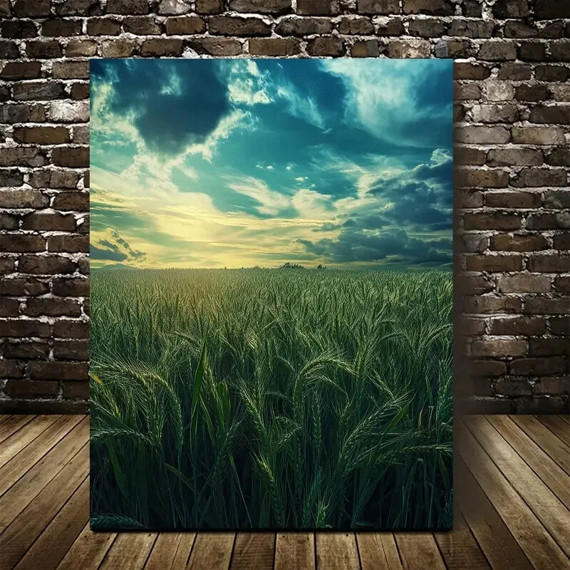 Emerald Wheat Grassland Vibrant Nature Painting 40x60cm Metal Print Ready to Hang - Bella Home Decor