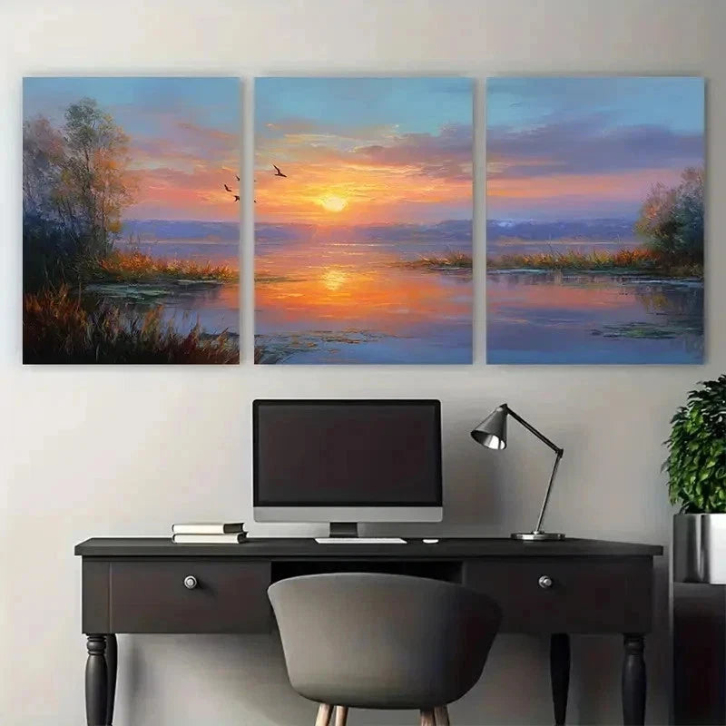 3pcs Sunset At Lake Continuous Perfect  Wall Art Set Canvas Framed 60x90cm - High Quality Print 100% Australian Made Wall Canvas Ready to Hang
