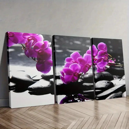 3pcs Purple Orchids on Black Rocks Wall Art Set Canvas Framed 40x60cm - High Quality Print 100% Australian Made Wall Canvas Ready to Hang