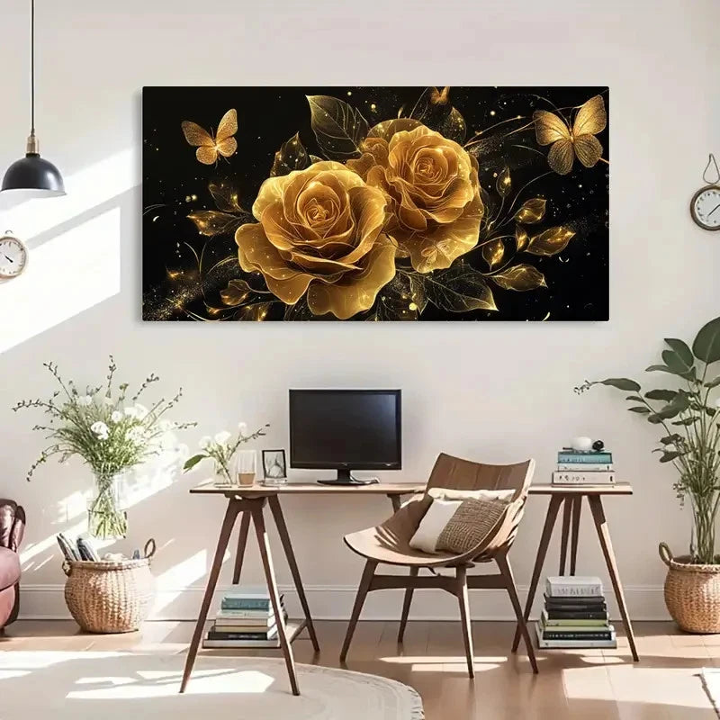 Butterfly Rose Abstract Golden Wall Art Canvas Office Home Room Framed 120x60cm
