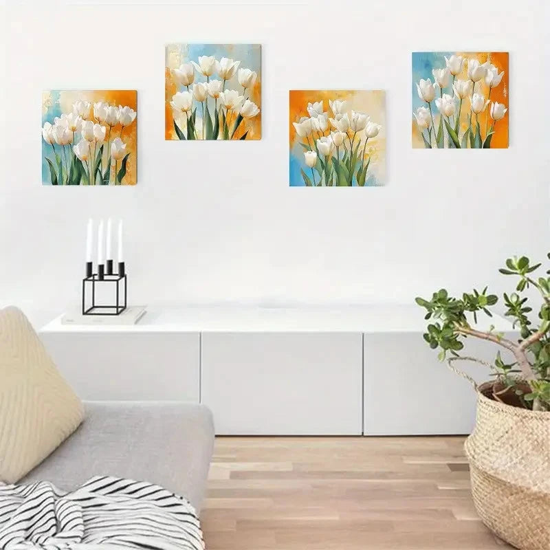 4pcs  Elegant White Tulip Art Deco Wall Art Canvas Framed