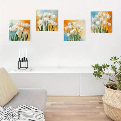 4pcs  Elegant White Tulip Art Deco Wall Art Canvas Framed