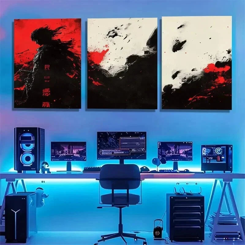 3pcs Samurai Warrior Japanese Dark Red Perfect Wall Art Set Canvas Framed 60x90cm - High Quality Print 100% Australian Made Wall Canvas Ready to Hang