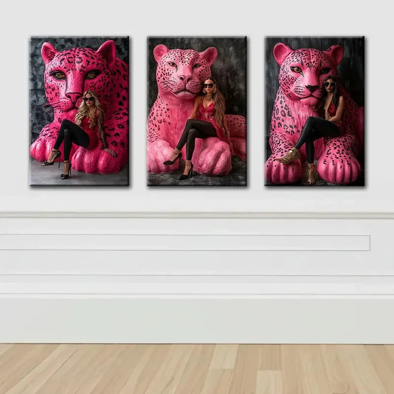 3pcs The Pink Panther And Lady Scene Wall Art Set Canvas Framed 60x90cm - High Quality Print 100% Australian Made Wall Canvas Ready to Hang - Bella Home Decor