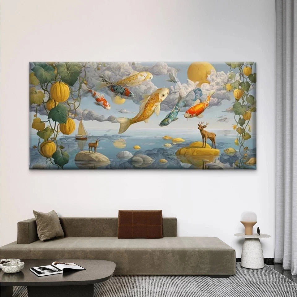 Golden Fish, Pumpkins & Deer Wall Art Canvas Office Home Room Framed 120x60cm