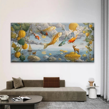 Golden Fish, Pumpkins & Deer Wall Art Canvas Office Home Room Framed 120x60cm
