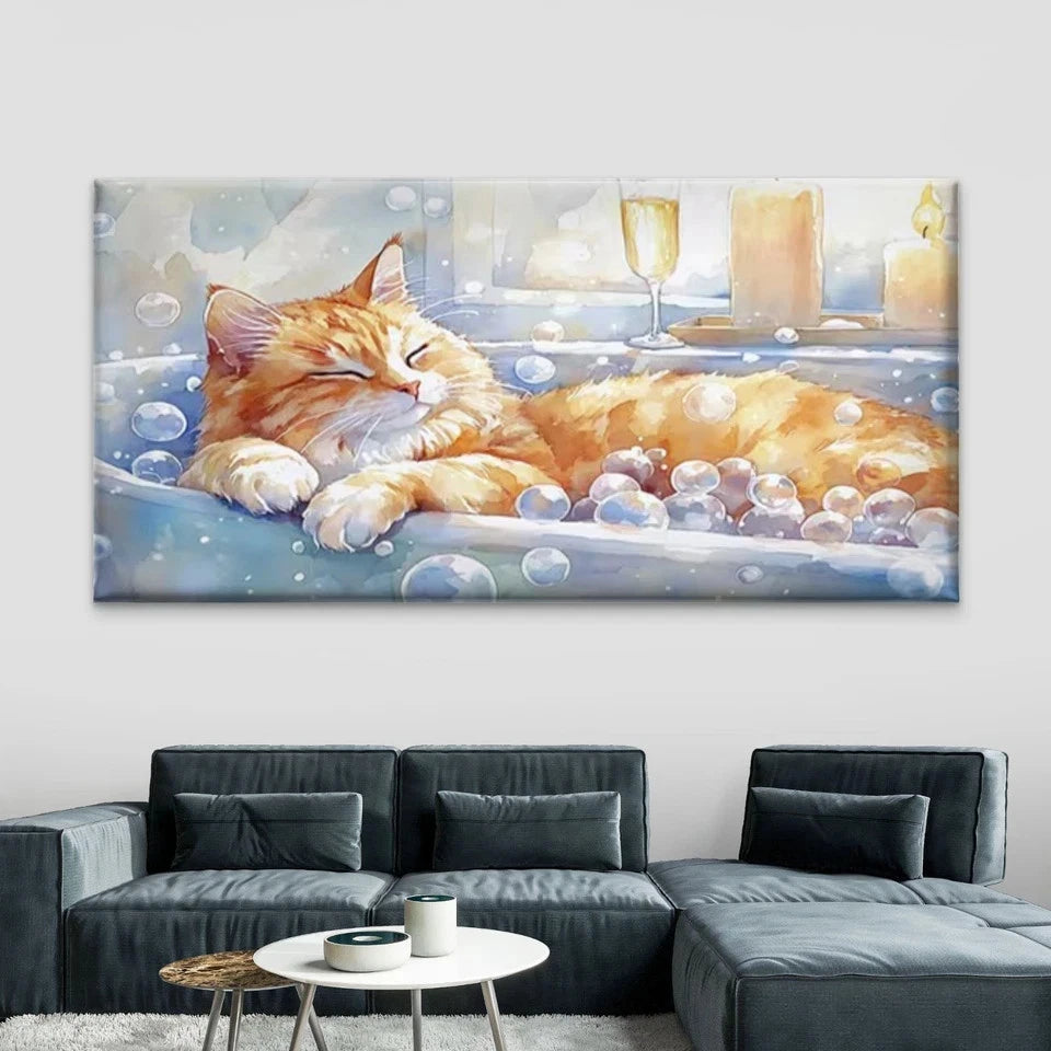Tabby Cat in Bathtub Wall Art Canvas Office Home Room Framed 120x60cm