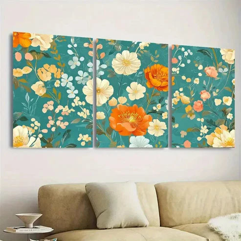 3pcs Aqua Teal Background with Orange Wall Art Set Canvas Unframed – High Quality Print, 100% Australian Made Wall Canvas - Bella Home Decor