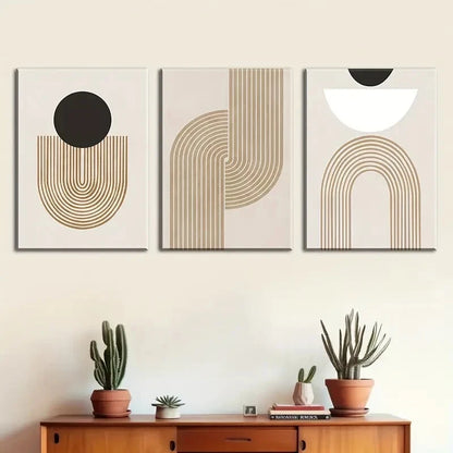 3pcs Bohemian Abstract Black Beige and Golden Metal Print Ready to Hang Art - Bella Home Decor
