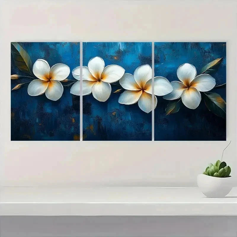 3pcs White Plumeria Flower Tropical Blue ER   Wall Art Set Canvas Framed 50x70cm - High Quality Print 100% Australian Made Wall Canvas Ready to Hang - Bella Home Decor