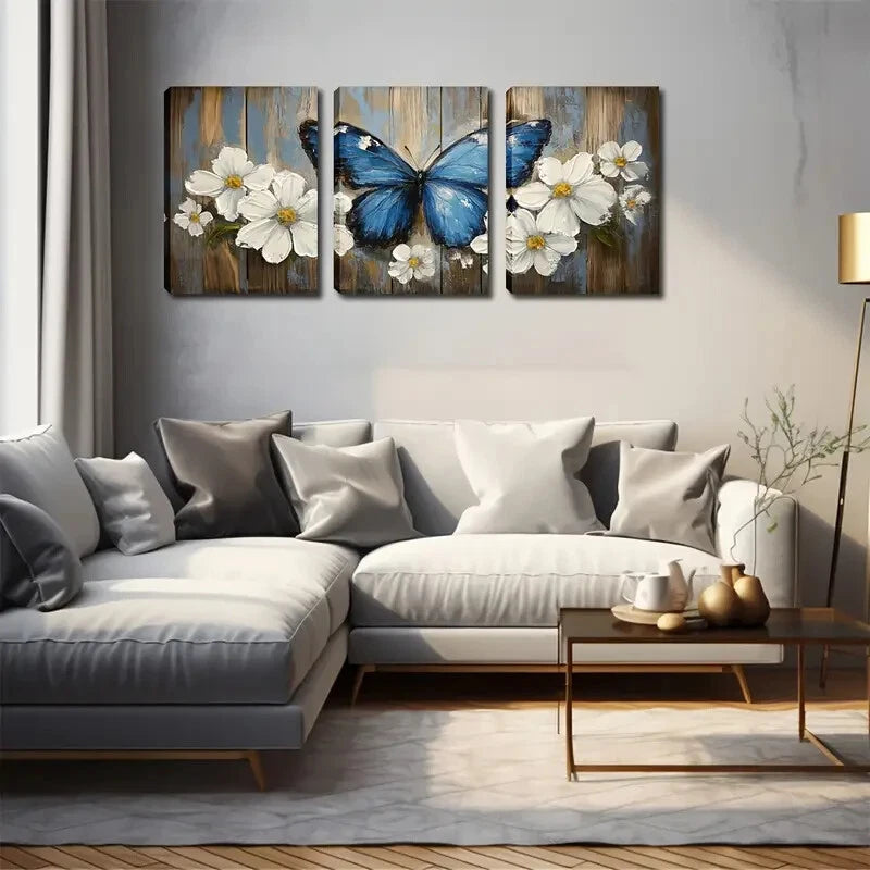 3pcs Blooming Flowers & Blue Butterfly Perfect Wall Art Set Canvas Framed 40x60cm - High Quality Print 100% Australian Made Wall Canvas Ready to Hang - Bella Home Decor