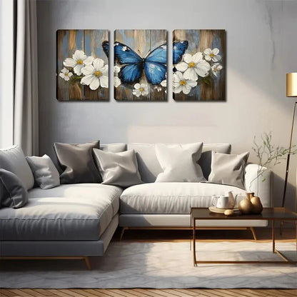 3pcs Blooming Flowers & Blue Butterfly Perfect Wall Art Set Canvas Framed 40x60cm - High Quality Print 100% Australian Made Wall Canvas Ready to Hang - Bella Home Decor