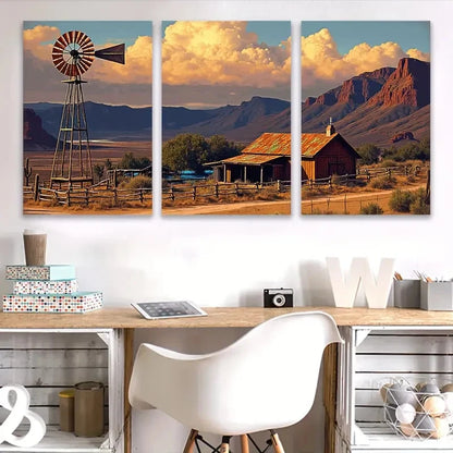 3pcs Windmill Landscape at Sunset Wall Art Set Canvas Framed 60x90cm - High Quality Print 100% Australian Made Wall Canvas Ready to Hang