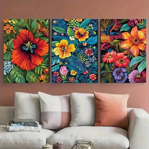 3pcs Vibrant Guatemalan Floral Wall Art Set Canvas Unframed - High Quality Print 100% Australian Made Wall Canvas
