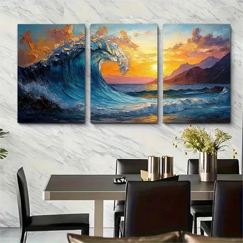 3pcs Ocean Wave Bright Textured Sunset – Wall Art Canvas Unframed – High Quality Print 100% Australian Made Wall Canvas