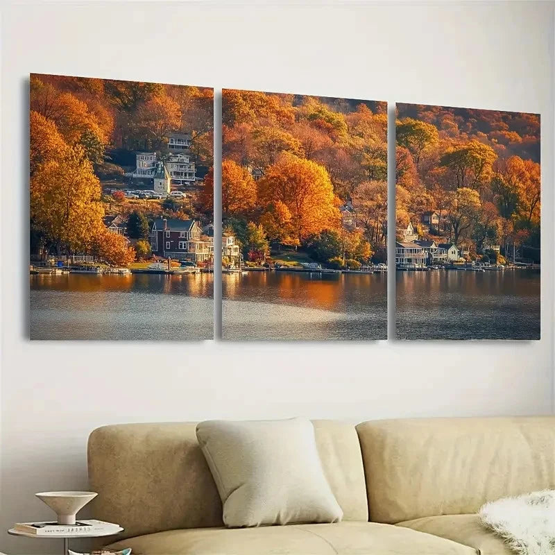 3pcs Vibrant Autumn Scene with Houses & Trees Wall Art Set Canvas Framed 60x90cm - High Quality Print 100% Australian Made Wall Canvas Ready to Hang - Bella Home Decor