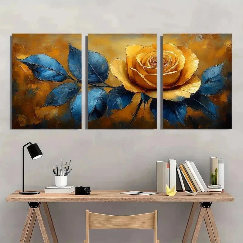 3pcs Yellow And Blue Art Rose Perfect Wall Art Set Canvas Framed 50x70cm - High Quality Print 100% Australian Made Wall Canvas Ready to Hang