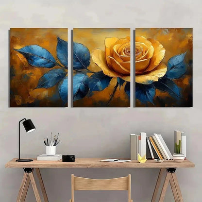3pcs Yellow And Blue Art Rose Perfect Wall Art Set Canvas Framed 50x70cm - High Quality Print 100% Australian Made Wall Canvas Ready to Hang