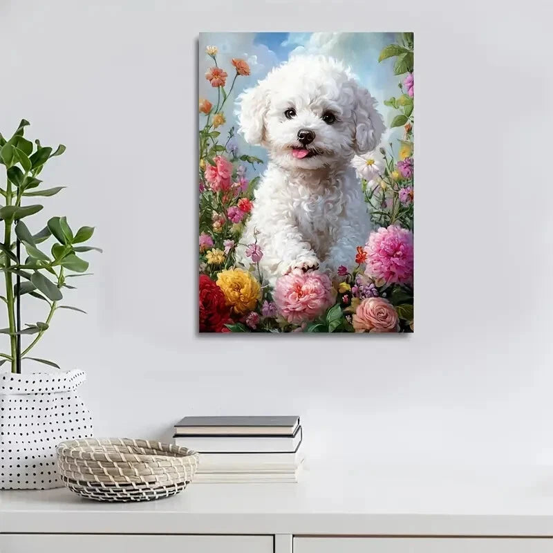 Cute Bichon Frise Puppy with Vibrant Flowers Painting 40x60cm Metal Print Ready to Hang - Bella Home Decor
