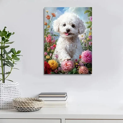 Cute Bichon Frise Puppy with Vibrant Flowers Painting 40x60cm Metal Print Ready to Hang - Bella Home Decor