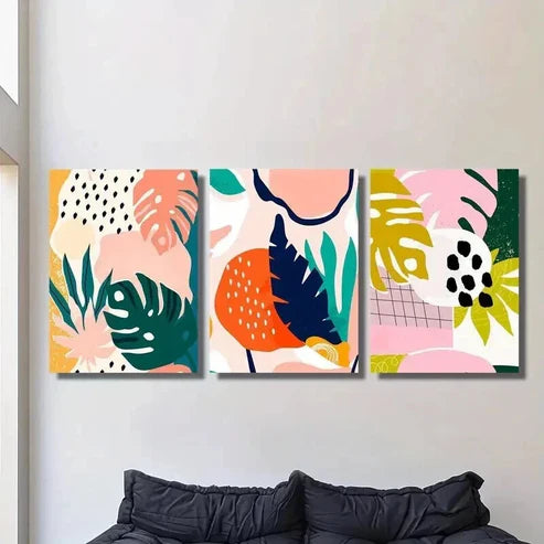 3pcs Cartoon Tropical Plant Leaf Ink Painting Designs  Wall Art Set Canvas Unframed - High Quality Print 100% Australian Made Wall Canvas - Bella Home Decor
