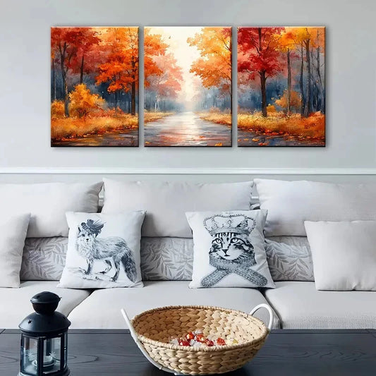3pcs Vibrant Autumn Park Pathway Wall Art Set Canvas Framed 50x70cm - High Quality Print 100% Australian Made Wall Canvas Ready to Hang