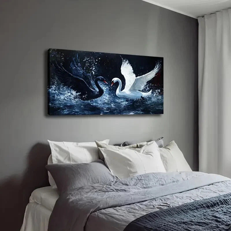 Featuring Black And White Swans Wall Art Canvas Office Home Room Framed 120x60cm - Bella Home Decor