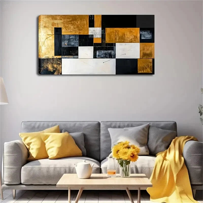 Black & White Blocks Golden Wall Art Canvas Office Home Room Framed 120x60cm - Bella Home Decor