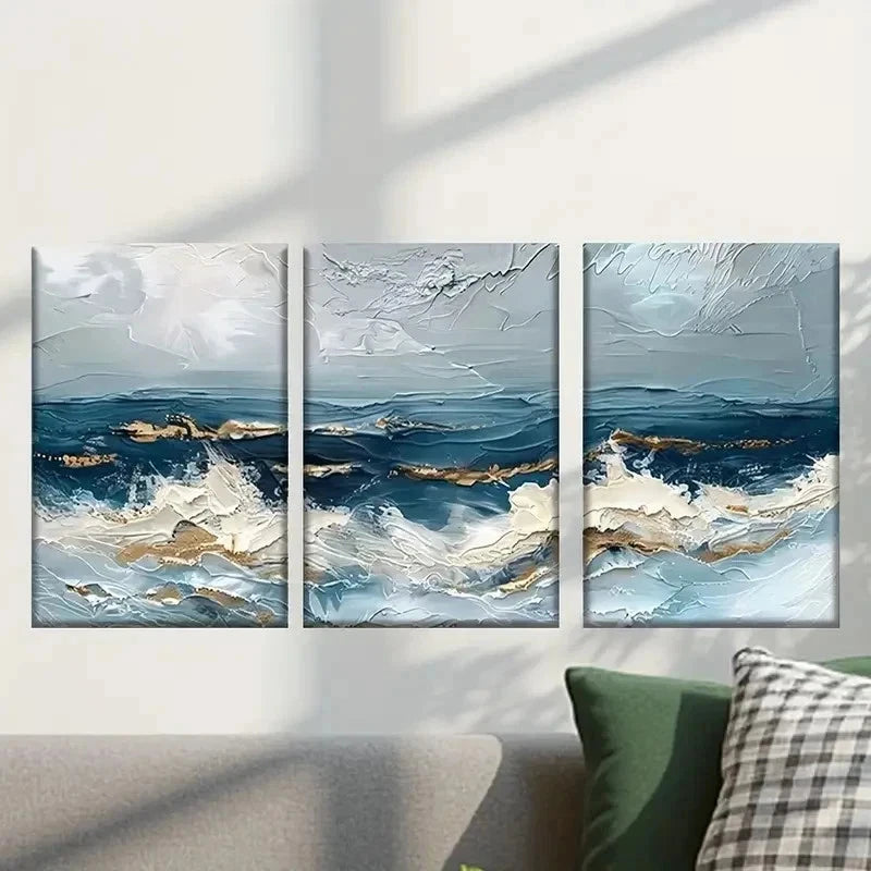 3pcs Abstract Ocean Waves in Blue and White Wall Art Set Canvas Framed 40x60cm - High Quality Print 100% Australian Made Wall Canvas Ready to Hang - Bella Home Decor