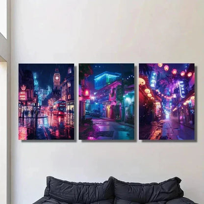 3pcs City Night Scene under Neon Lights Wall Art Canvas Unframed - High Quality Print 100% Australian Made Wall Canvas - Bella Home Decor