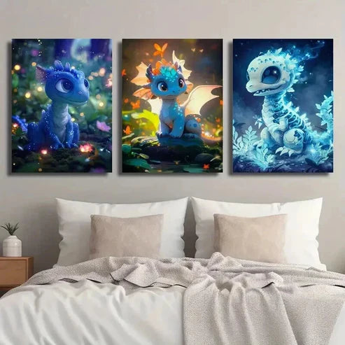 3pcs Dragon Dinosaur in the Forest Wall Art Set Canvas Unframed - High Quality Print 100% Australian Made Wall Canvas - Bella Home Decor