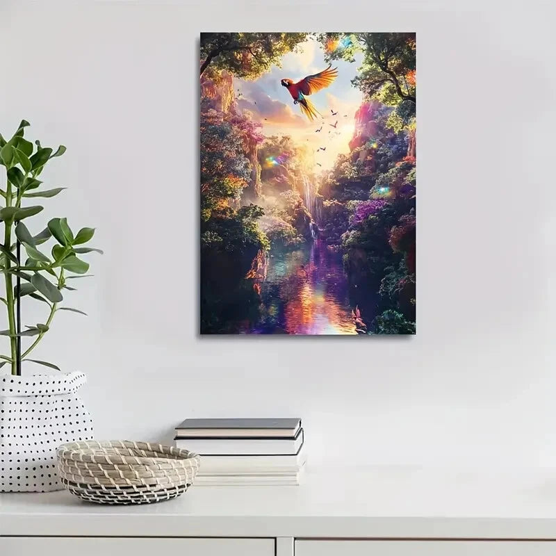Vibrant Parrot in Magical Forest Scene Painting  40x60cm Metal Print Ready to Hang - Bella Home Decor