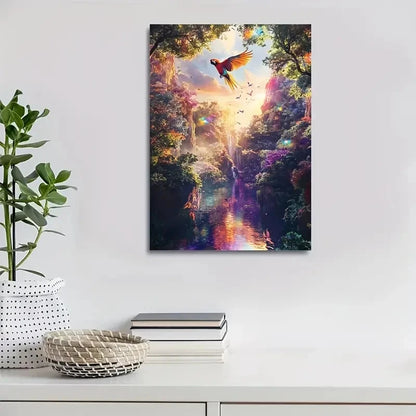 Vibrant Parrot in Magical Forest Scene Painting  40x60cm Metal Print Ready to Hang - Bella Home Decor