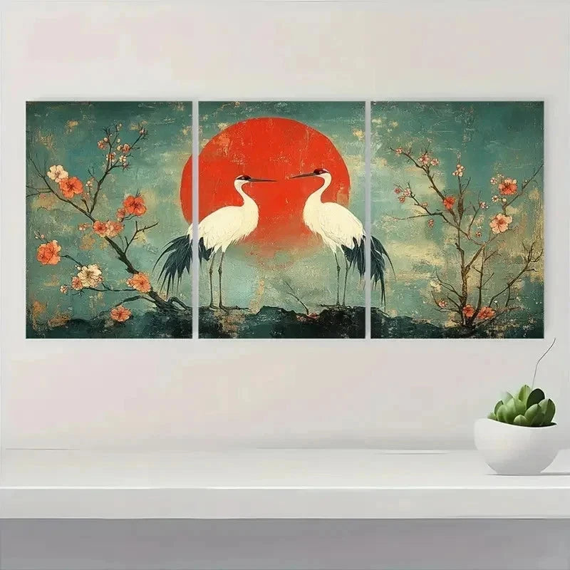 3pcs Two Cranes Utagawa Hiroshige Perfect Wall Art Set Canvas Framed 60x90cm - High Quality Print 100% Australian Made Wall Canvas Ready to Hang