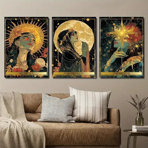 3pcs Magic Cards Sun Stars And Moon Cards Wall Art Set Canvas Unframed - High Quality Print 100% Australian Made Wall Canvas