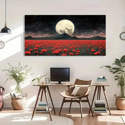 Moonlit Red Flower Vintage Wall Art Canvas Office Home Room Framed 120x60cm