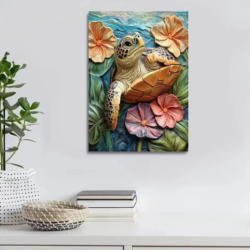 Featuring a Turtle Among Blooming Flowers Painting 40x60cm Metal Print Ready to Hang - Bella Home Decor