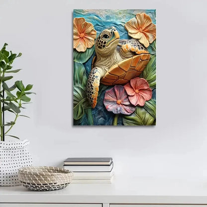 Featuring a Turtle Among Blooming Flowers Painting 40x60cm Metal Print Ready to Hang - Bella Home Decor