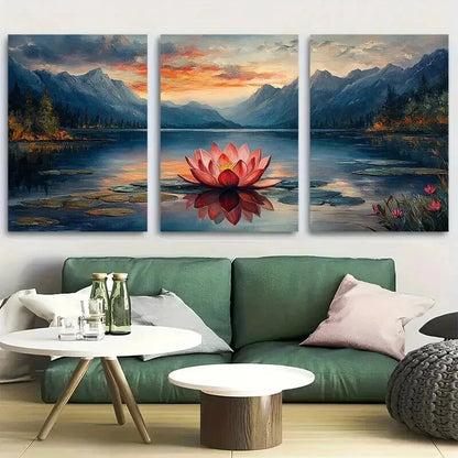 3pcs Lake And Mountains Décor Lotus Perfect Wall Art Set Canvas Framed 60x90cm - High Quality Print 100% Australian Made Wall Canvas Ready to Hang - Bella Home Decor