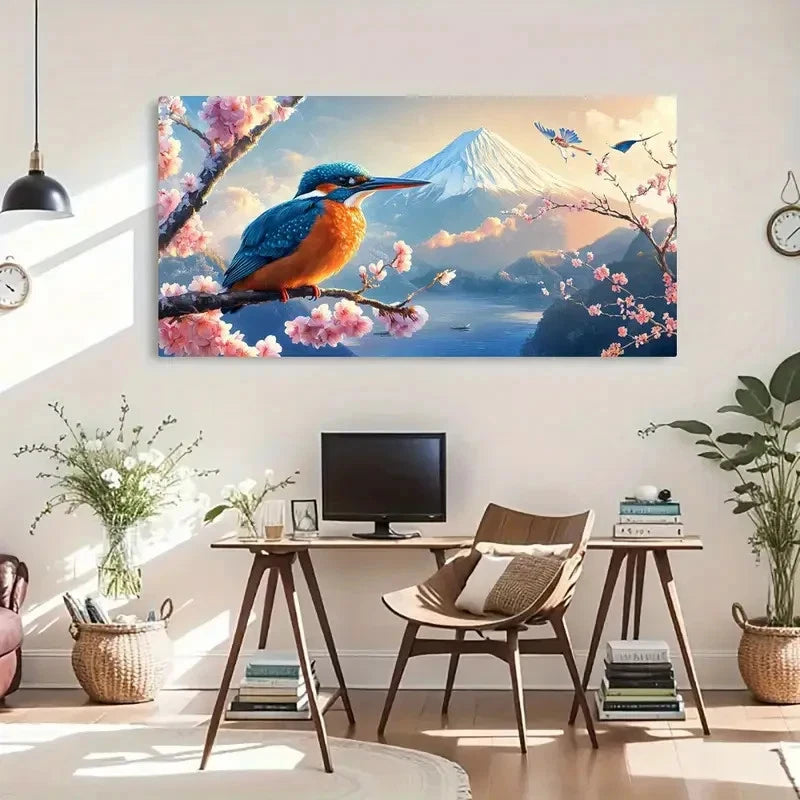 Kingfisher & Cherry Blossoms Wall Art Canvas Office Home Room Framed 120x60cm - Bella Home Decor