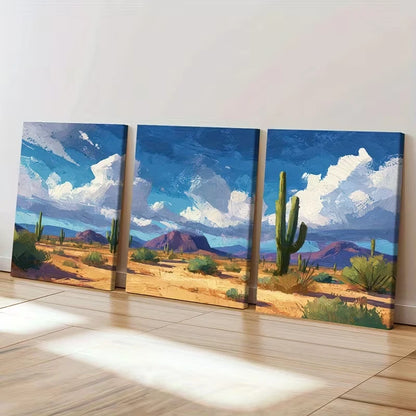 3pcs Vibrant Cactus & Australian Mountain  Wall Art Set Canvas Framed 50x70cm - High Quality Print 100% Australian Made Wall Canvas Ready to Hang