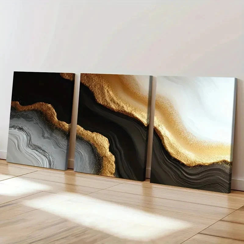 3pcs Golden Glitter Black White Gray Waves  Wall Art Set Canvas Framed 40x60cm - High Quality Print 100% Australian Made Wall Canvas Ready to Hang - Bella Home Decor