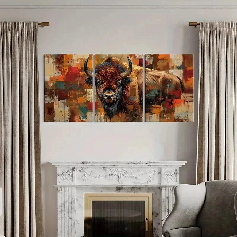 3pcs Abstract Bison Vibrant Color Bold Lines Wall Art Set Canvas Framed 40x60cm - High Quality Print 100% Australian Made Wall Canvas Ready to Hang