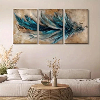 3pcs Blue & Golden Abstract Feather Modern Wall Art Set Canvas Framed 50x70cm - High Quality Print 100% Australian Made Wall Canvas Ready to Hang - Bella Home Decor