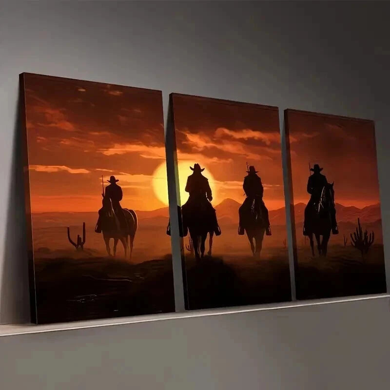 3pcs Western Cowboy Sunset Décor Perfect Wall Art Set Canvas Framed 50x70cm - High Quality Print 100% Australian Made Wall Canvas Ready to Hang - Bella Home Decor