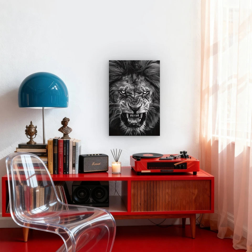 Fierce Black & White Lion Gaze 60x90cm Metal Print Ready to Hang