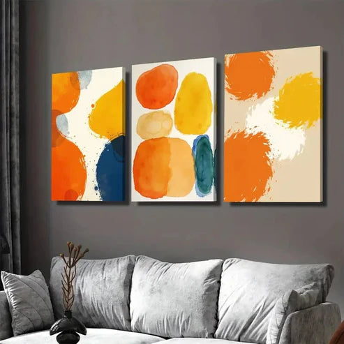 3pcs Vibrant Abstract Watercolor Orange, Blue Art Set Canvas Unframed - High Quality Print 100% Australian Made Wall Canvas